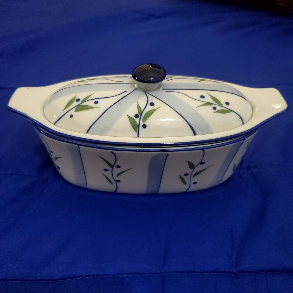 3 Piece Vtg Butter Boat Porcelain Dish "Cook Street" Blueberry Cottage Server